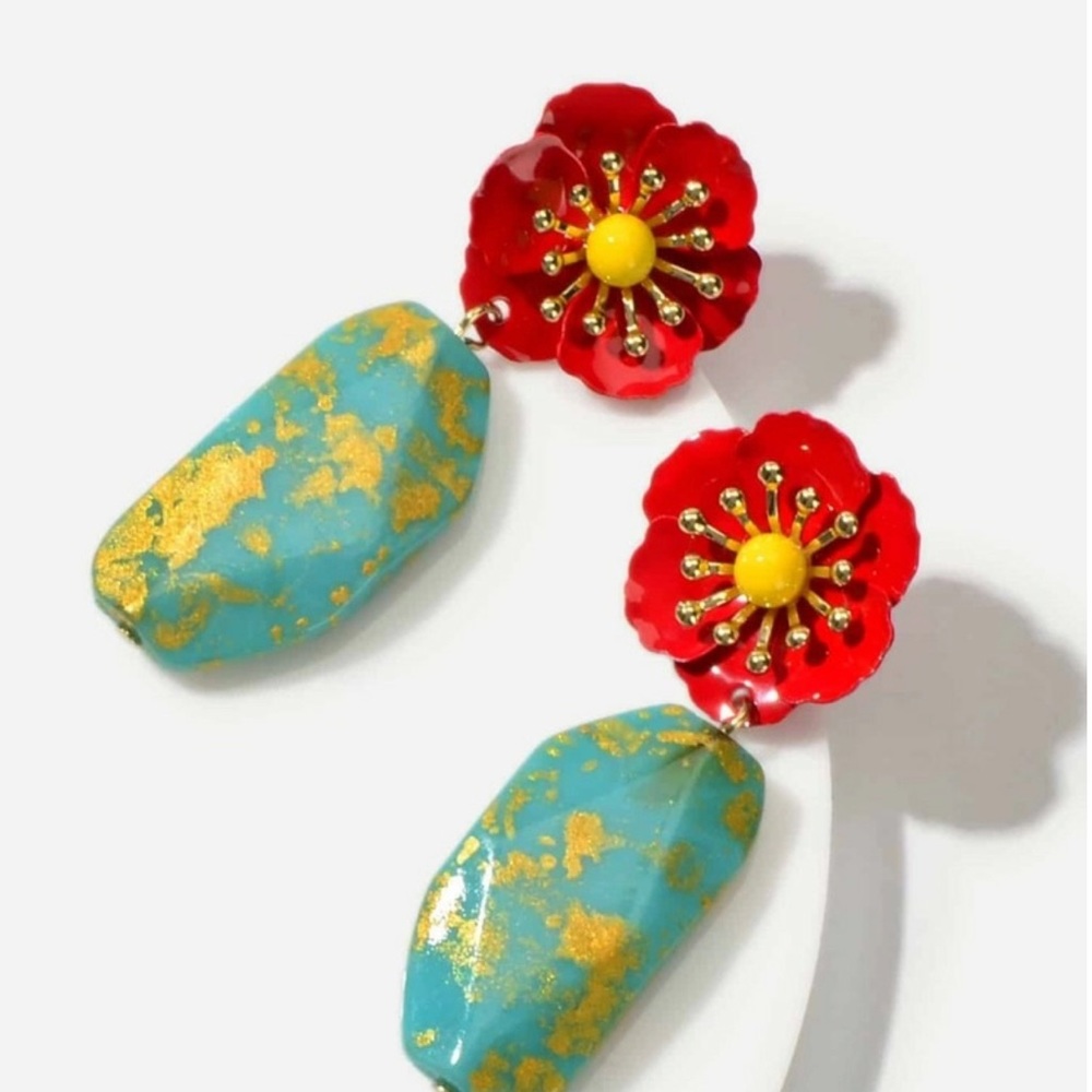 Flower Decor Turquoise Drop Earrings
